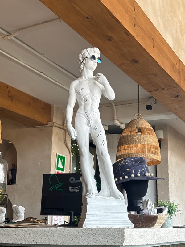 Sunglasses-wearing David statue spotted lying horizontal in Cholula room