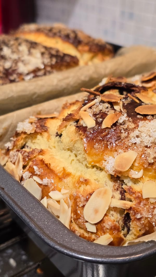 Fresh babka with almonds documented in baking pan