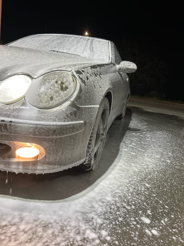Mercedes receives nighttime foam wash in Strelcha, Bulgaria