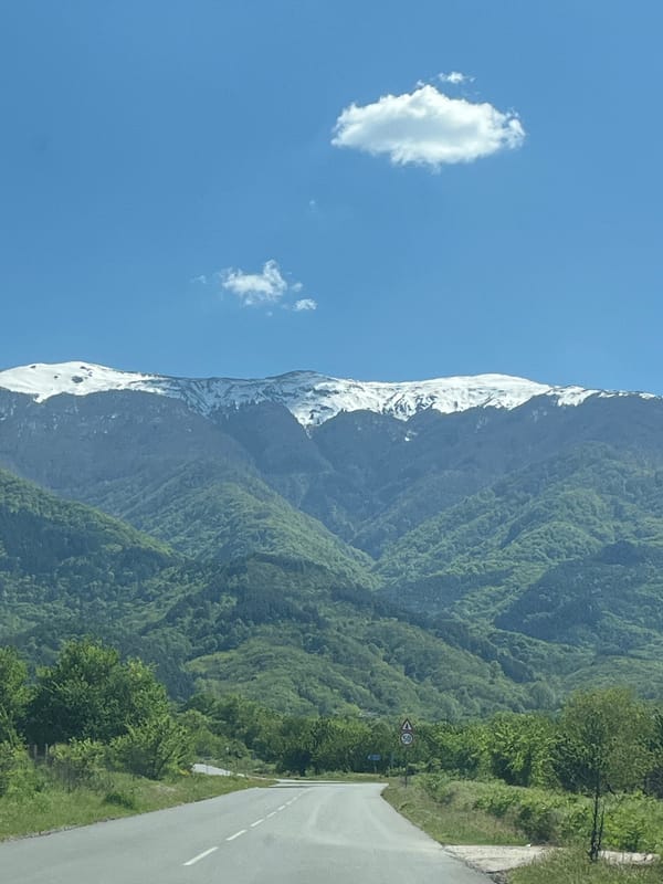 Snow-covered Rhodope mountain observed near Kolarovo, Bulgaria