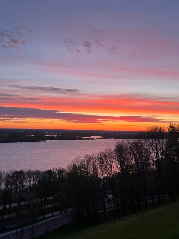 Colorful sunset observed over Volga River in Nizhny Novgorod