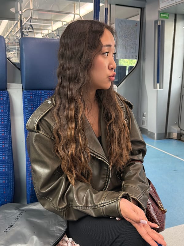 Seated on a Moscow train, metallic jacket, midday ride