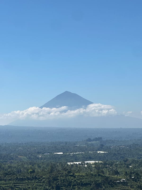 Mount Batur rises over terraced fields in Baturiti, Bali