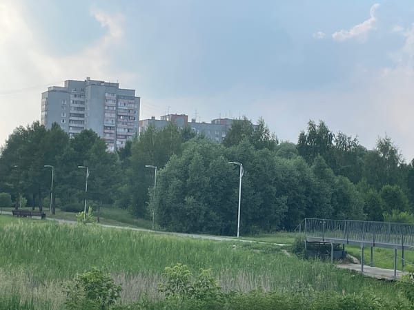Cloudy day in an Omsk park, Soviet blocks in the background