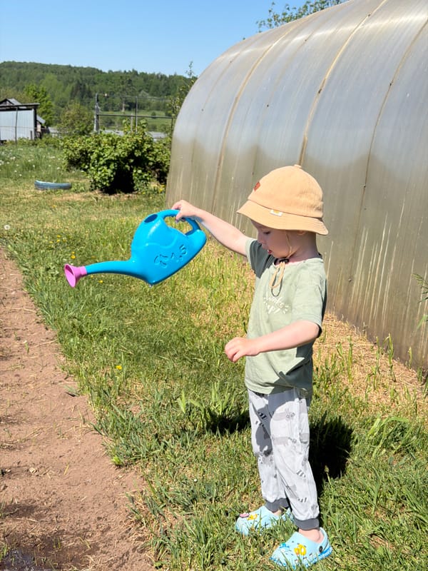 Child gardens and plays with water in Russian village