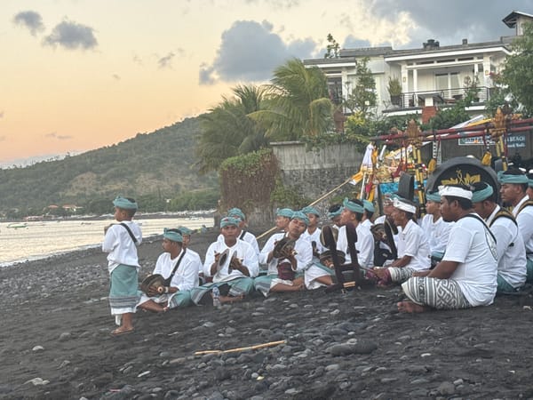 Traditional Balinese beach ceremony at sunset, Abang