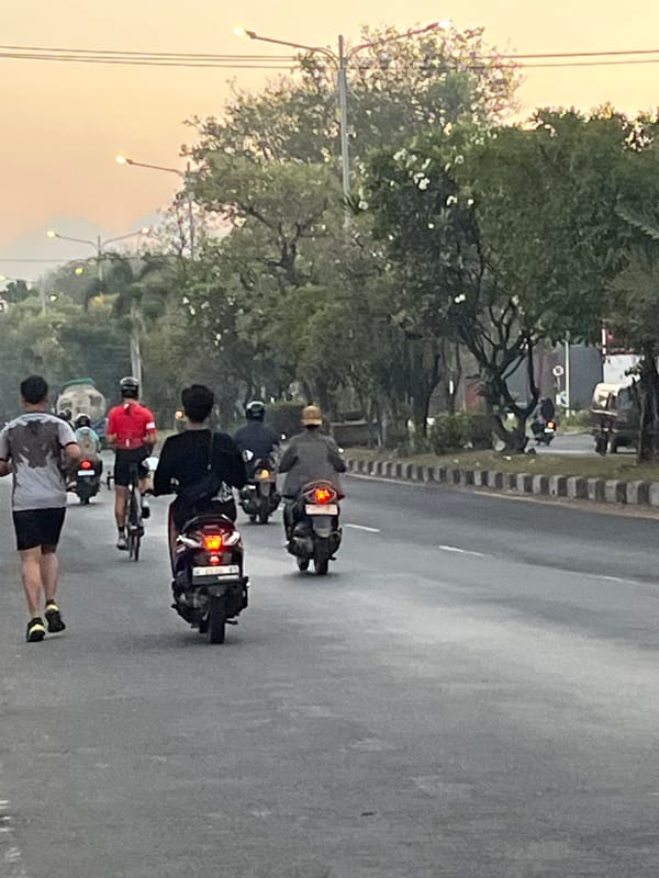 Dusk traffic flows through rural East Java villages