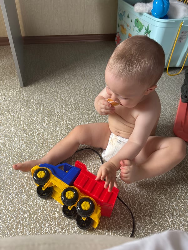 Home snapshots: toddler with toy truck, selfies in between