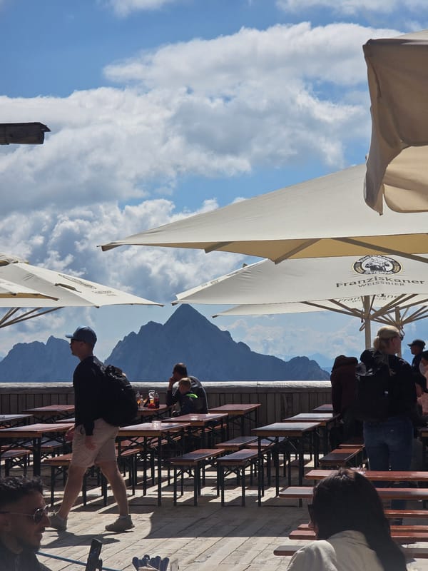 Summer morning at the Zugspitze summit terrace and overlooks