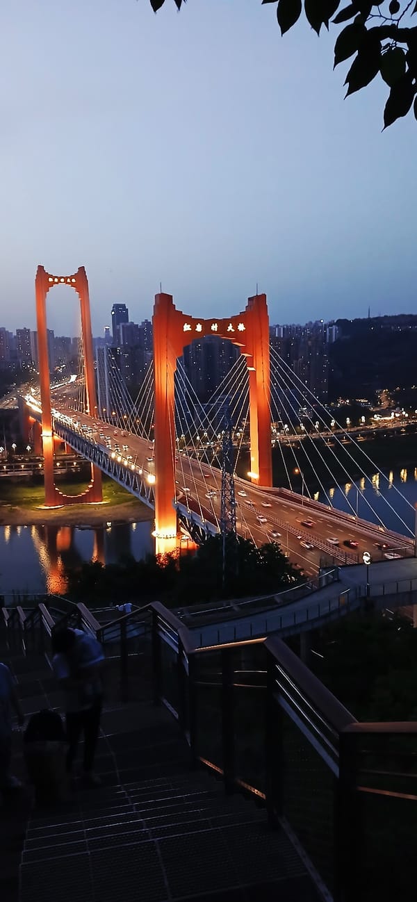Evening photography session captures illuminated Chongqing cityscape and transport