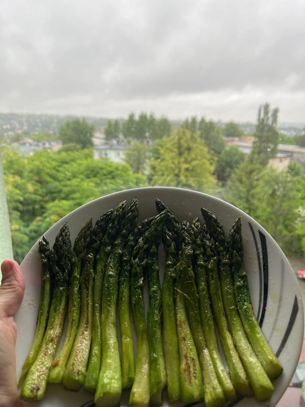Home cook documents asparagus preparation under overcast afternoon skies