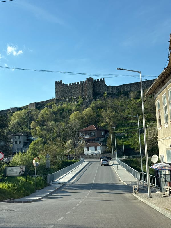 Street scene captured near historic fortress in Veliko Tarnovo