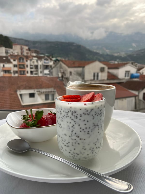Morning breakfast preparation and dining captured in Budva, Montenegro