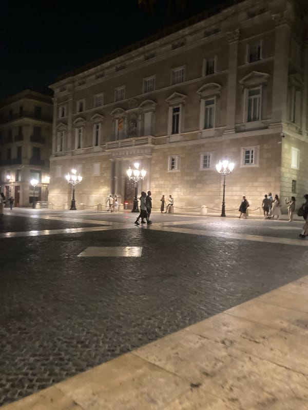 Barcelona's Gothic Quarter at night, shutters down and streets quiet