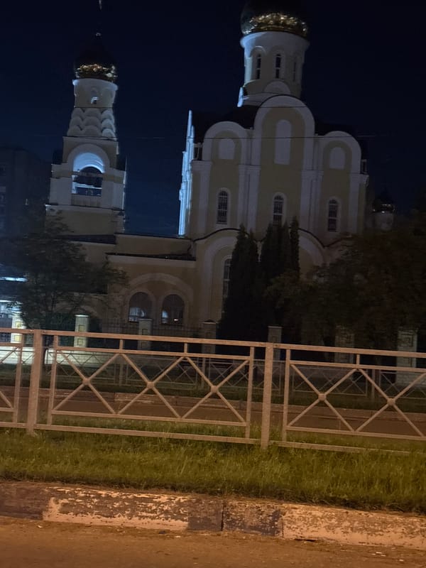 Holy Trinity Cathedral lit up at night in Obninsk
