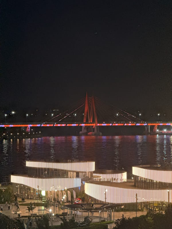 Kazan's Millennium Bridge displays colorful nighttime illumination