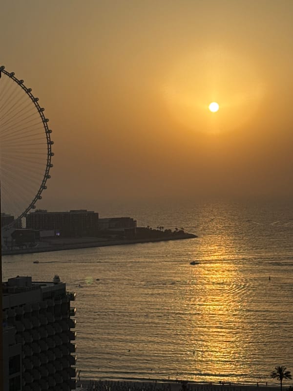 Dubai hotel room views from sunset to city lights