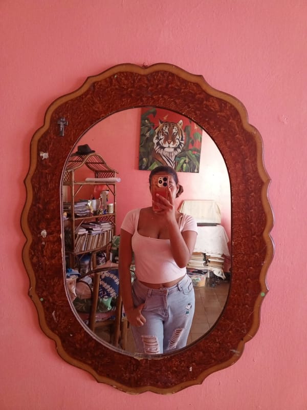 Woman takes mirror selfie in decorated room in Cúa
