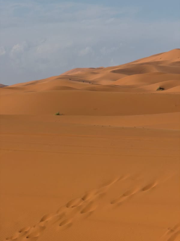Camel rider traverses sand dunes in Et-taous, Morocco