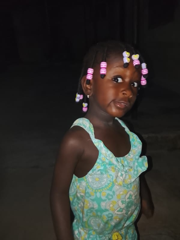 Young girl photographed in braids and floral dress indoors