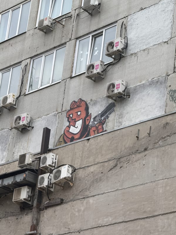 Building facade with gray tile mosaic documented in Krasnoyarsk