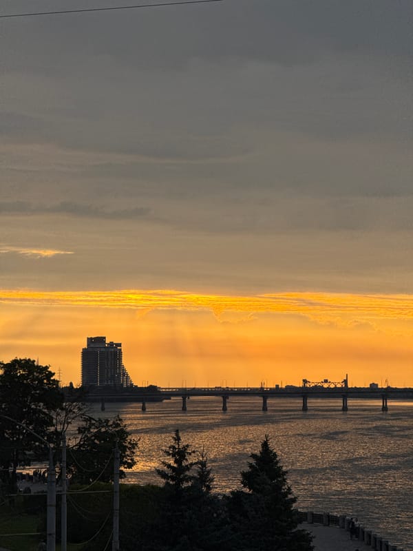 Sunset along the Dnipro River embankment, July 2026