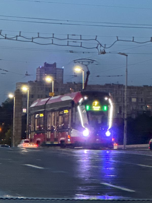 Evening tram and cityscape views across Kudrovo Russia