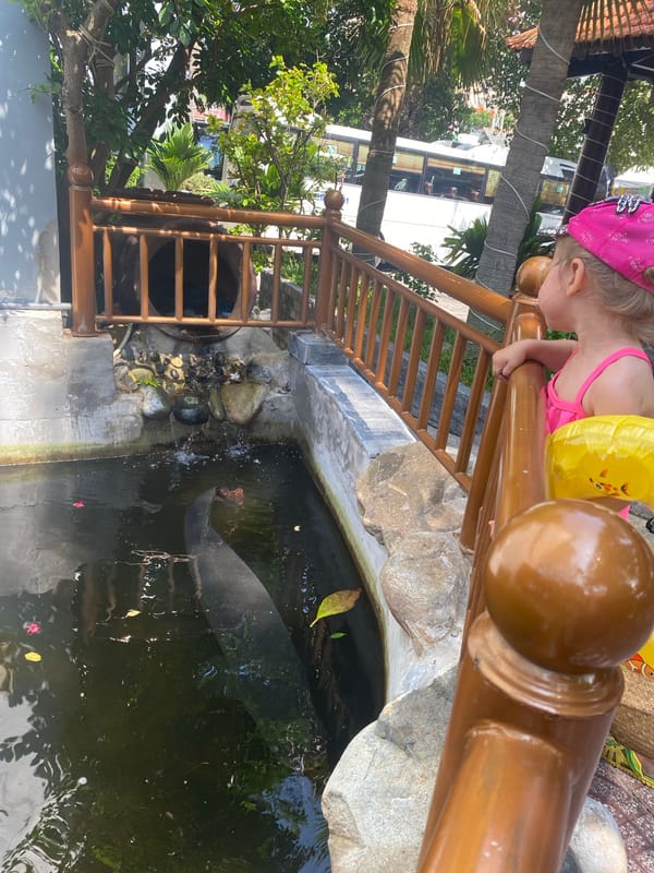 Family beach day documented at Vietnam resort in early morning