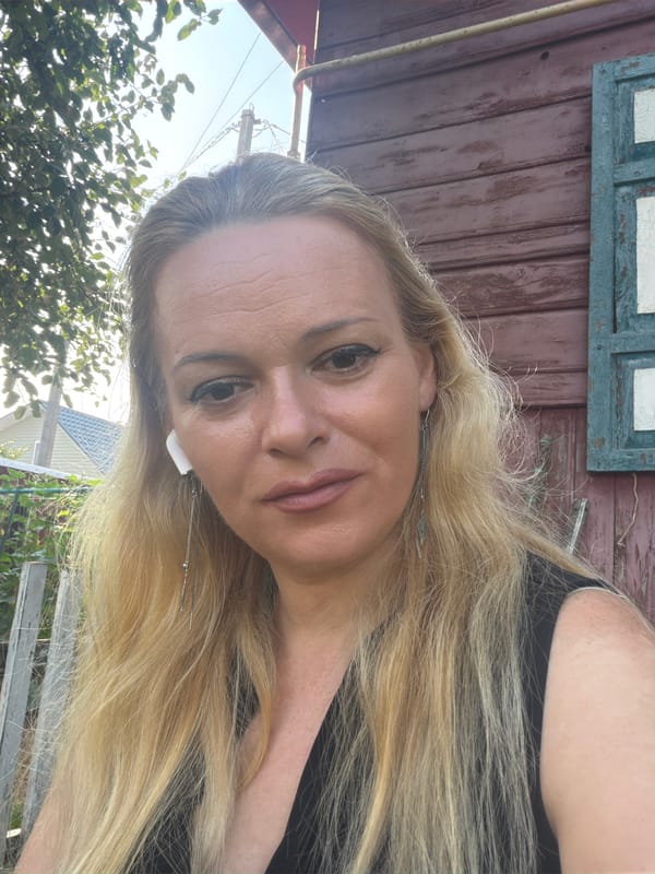 Multiple selfie attempts outdoors near a rustic wooden wall