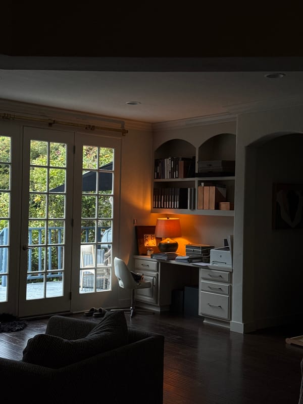 Interior room with built-in bookcase and desk documented in Los Angeles