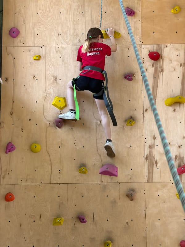 Children's indoor rock climbing session documented in Izhevsk, Russia