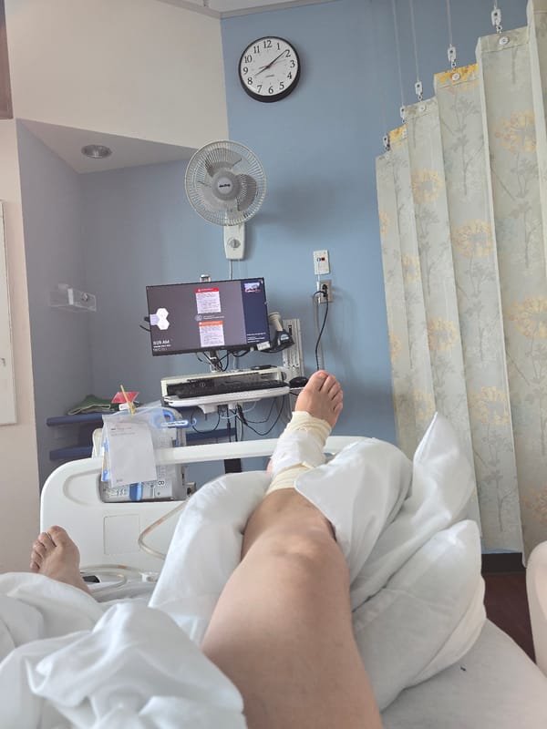 Patient with bandaged foot documented in San Francisco hospital room