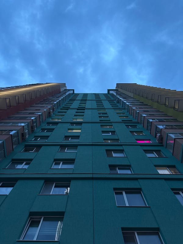 Colorful apartment buildings photographed from below in Perm, Russia