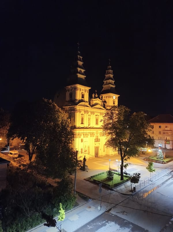Nighttime architectural photography captured in Ternopil, Ukraine