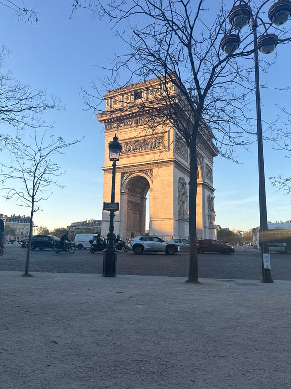 Arc de Triomphe photographed with parked vehicles, trees visible