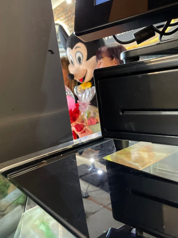 Shopper holds Mickey Mouse toy and flowers in Bulgarian store
