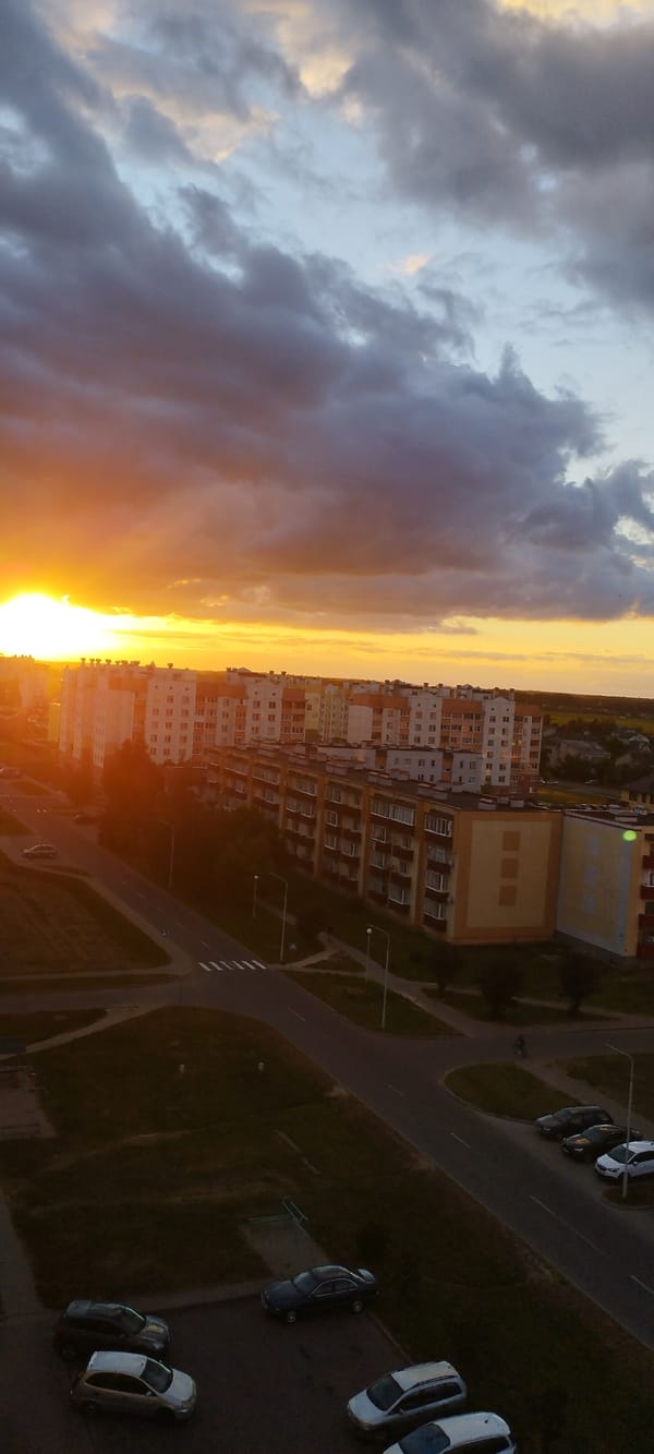 Sunset over Skidzieĺ rooftops, shot from above