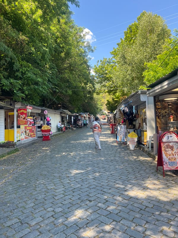 Bachkovo's market street and mountain scenery on a summer morning