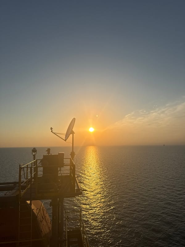 Offshore oil platform at sunset, Italian Adriatic