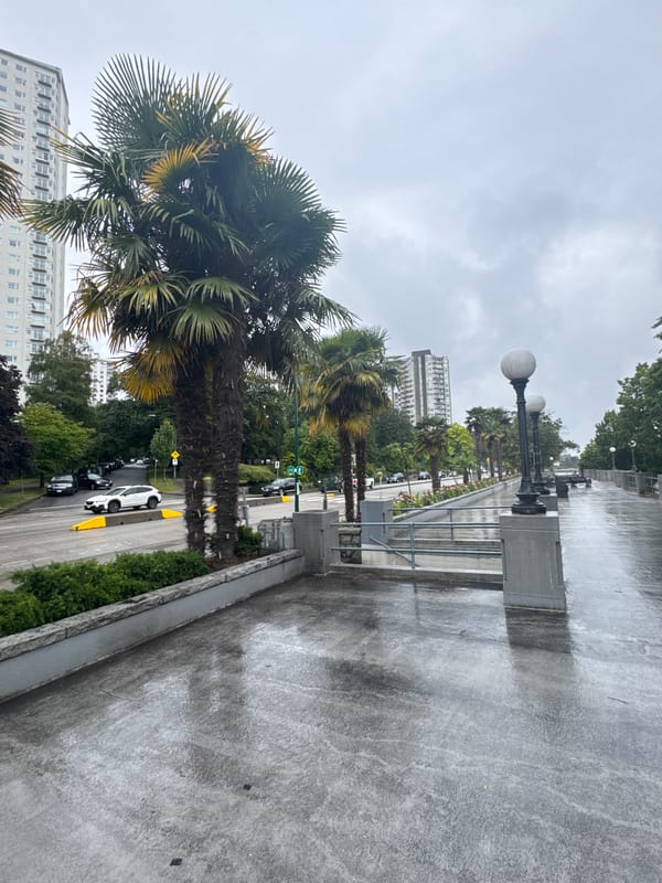 Rainy evening along a quiet Vancouver beachfront