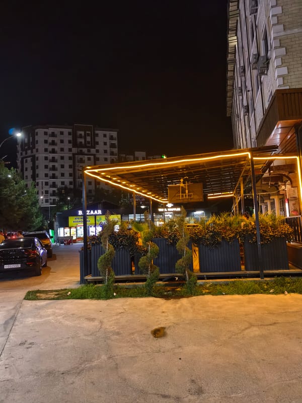 Fergana City commercial strip lit up on a summer night