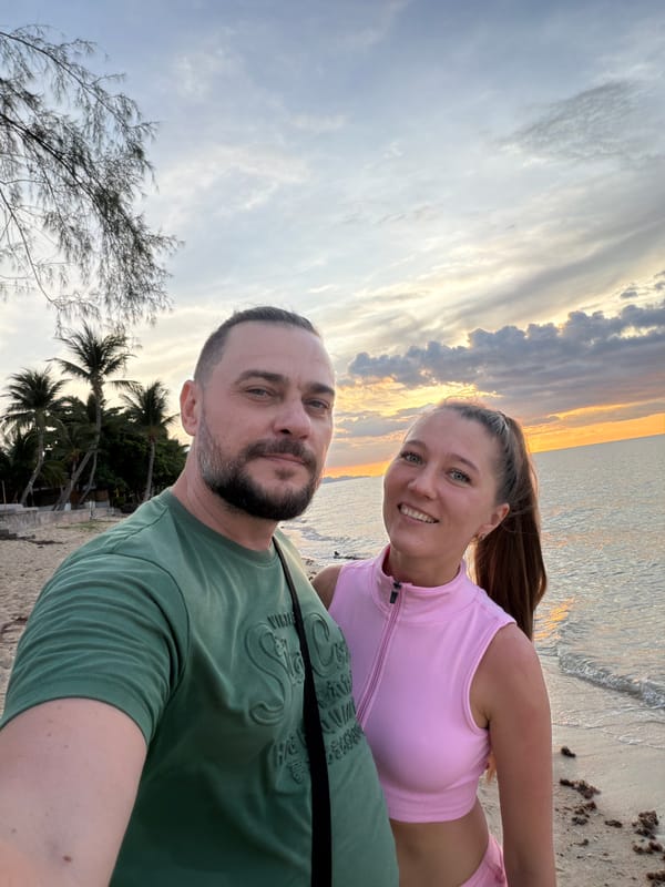 Beach sunset gathering with selfies and dog at Baan Thong Po