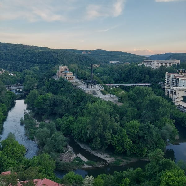 Historic Veliko Tarnovo cityscape and horseback mural documented