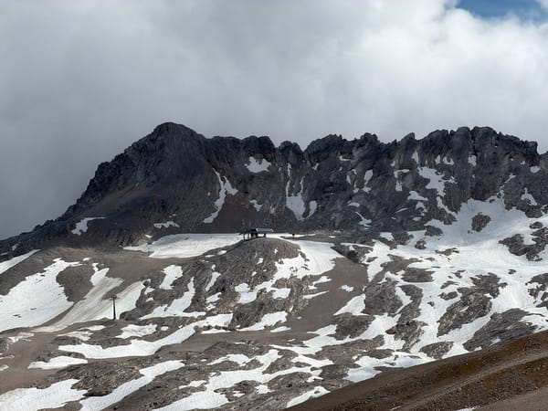 Snow, stone chapel, and cable car at Germany's highest peak