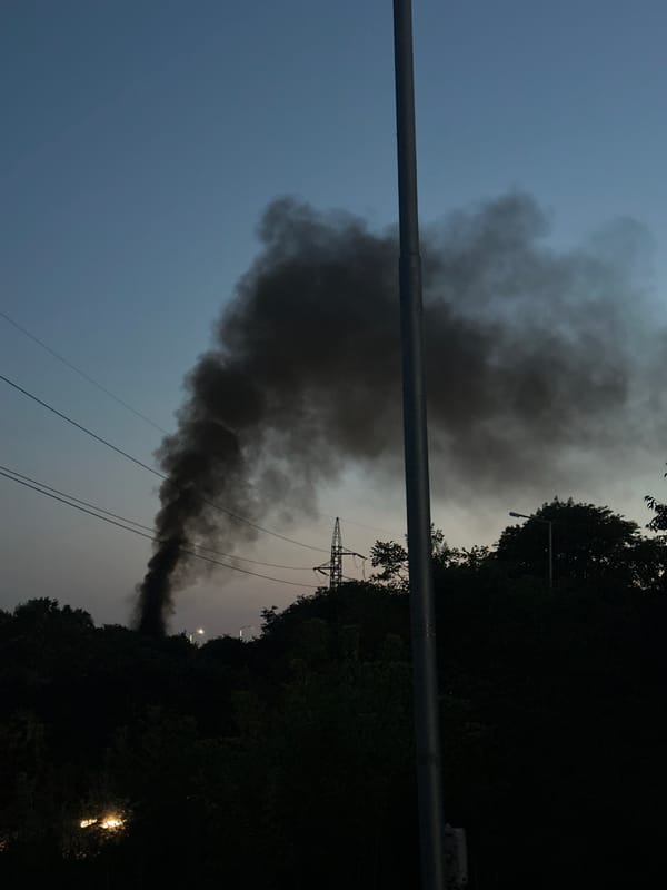 Dark smoke rising behind trees at dusk in Varna
