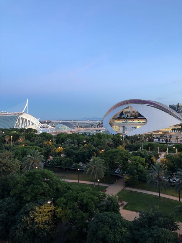 Dusk view captured of Valencia's illuminated Arts Sciences complex