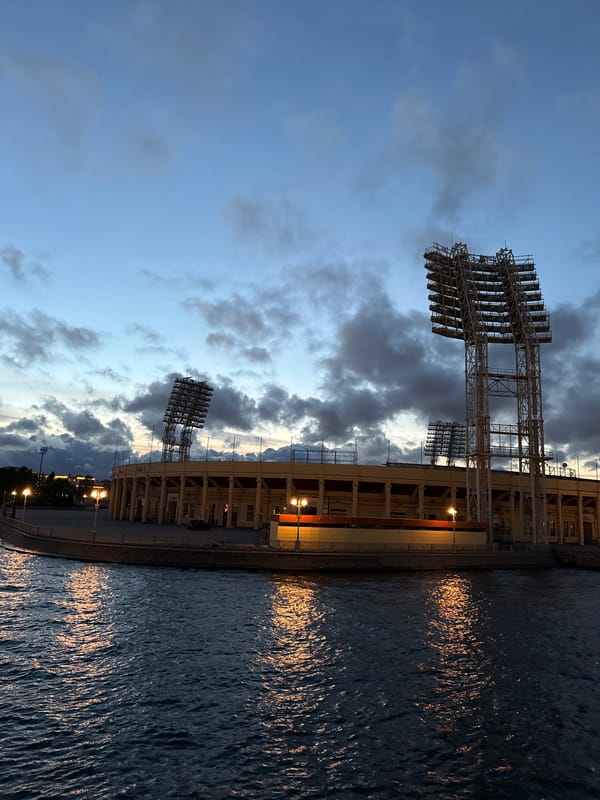 Petrovsky Stadium and Saint Petersburg waterfront at dusk