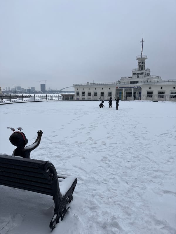 Winter snow blankets central Kyiv landmarks and parks