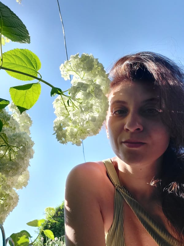 Woman displays white hydrangeas in Tavaksay, Uzbekistan