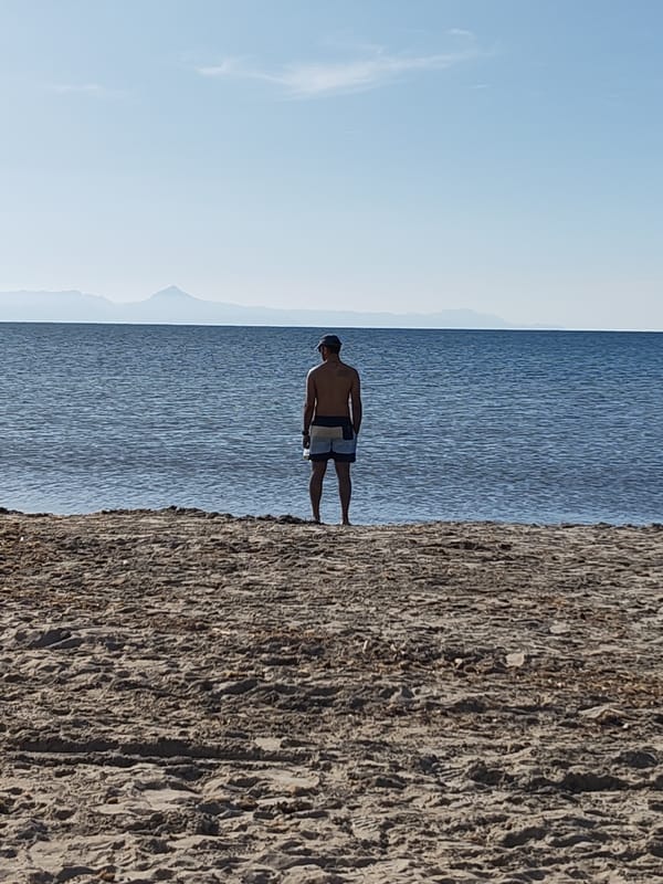 Man contemplates sea at Dénia beach on clear day